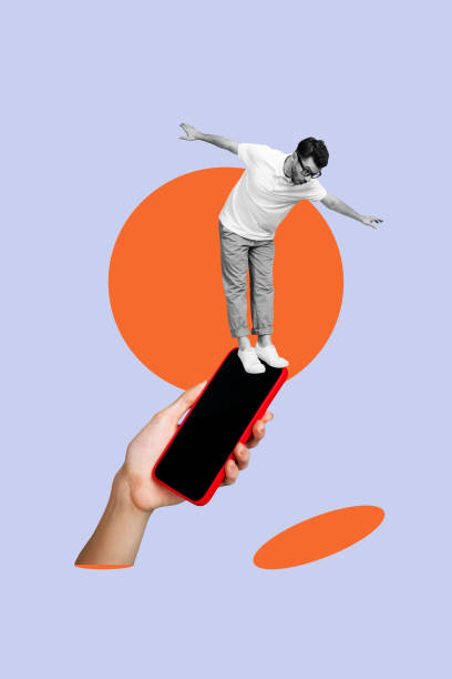 istock Sketch image composite artwork 3D photo collage of black white silhouette hipster guy balance on hude smartphone screen holded in big hand 2196179919
