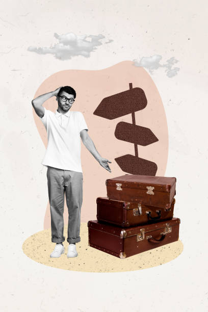 istock Trend artwork composite 3D photo collage of black white three unsure guy dont know where go show hand heavy baggage direction arrow 2196179931