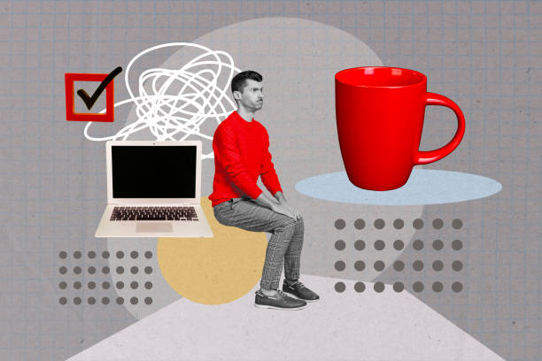 istock Creative collage picture sitting young man drawing doodles cafe order tea coffee mug red outfit cup laptop tick task completed 2196179932