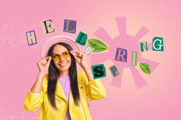 istock Composite collage portrait of curious woman touch sunglass leather jacket hello spring green leaves sun isolated on painting background 2196181571