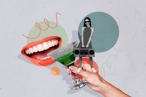 istock Creative collage standing young cool girl weekend pub cocktail drink face fragment mouth caricature toothy smile relax entertainment party 2196183751