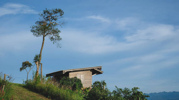 A wooden cabin on the hill with blue sky