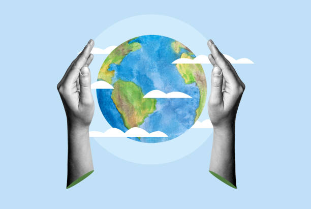 istock Environmental protection. Earth in hands on blue background. Earth Day. Collage 2196188893