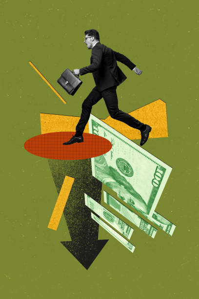 istock Vertical collage young running businessman hold diplomat suitcase hurry business problems crisis decrease earnings banknote hundred dollars 2196193679