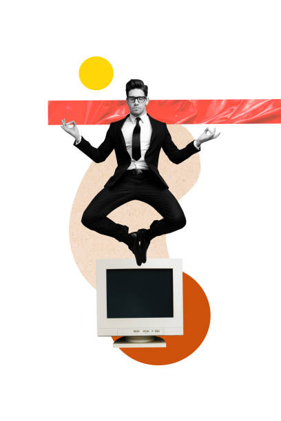 istock Vertical creative collage poster levitating young businessman pc device digital monitor chakra spiritual drawing background 2196193774