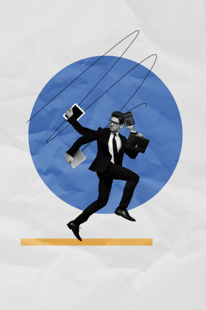 istock Sketch image artwork photo collage of young multitasking office worker hold in hands pad laptop suitcase calculator burnout business man 2196193805