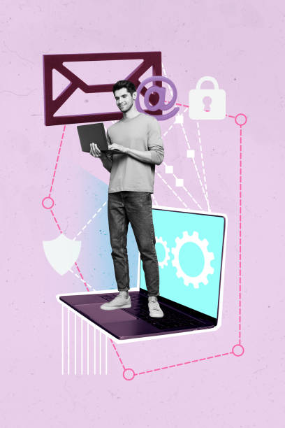 istock Trend artwork composite sketch image 3D photo collage of black white guy smile work hold laptop stand on huge laptop get sms secure 2196194826