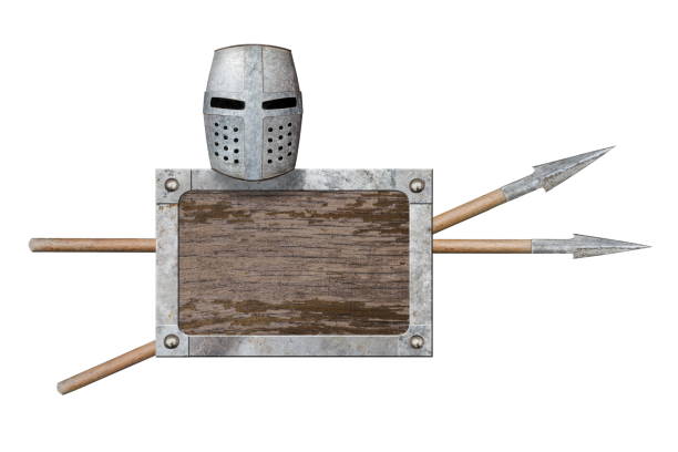 wooden texture frame and knights helmet and spears isolated on white