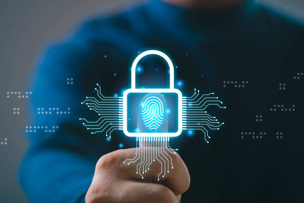 Digital security concept with a fingerprint scan and padlock symbol. Ideal for cybersecurity, privacy, and data protection themes.