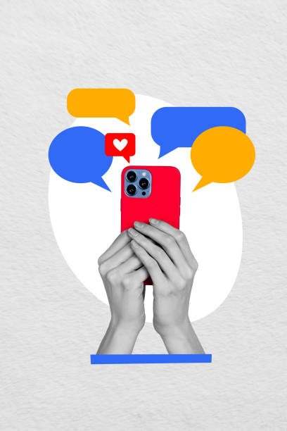 istock Vertical photo collage of hand hold new iphone device camera correspondence messenger technology like heart isolated on painted background 2196197155