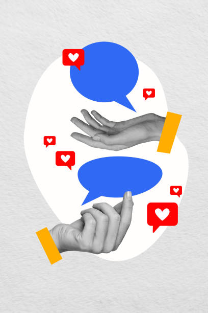 istock Vertical photo collage of two hands hold notifications like share love text box sms dialogue discussion isolated on painted background 2196197165