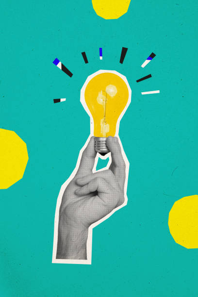 istock Collage image poster of human arm hold lamp bulb emitting bright light isolated on painted background 2196197250