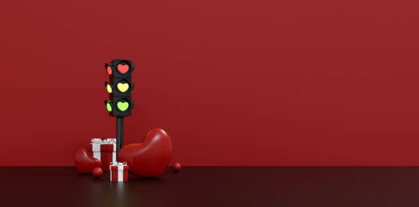 Love-Themed Traffic Light with Hearts and Gift Boxes. 3D Illustration