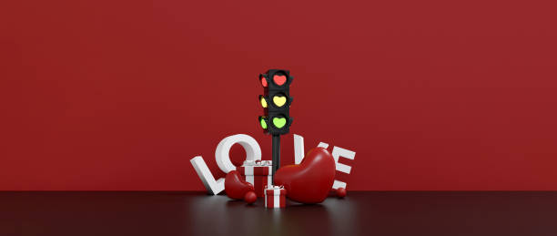 Love-Themed Traffic Light with Hearts and Gift Boxes. 3D Illustration
