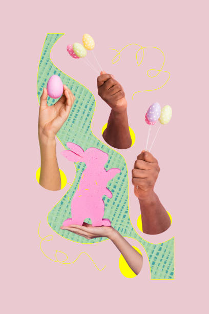 istock Collage picture brochure happy easter day traditional symbols dotted print painted eggs isolated on drawing background 2196198737