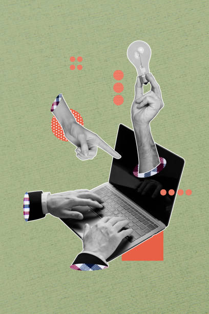 istock Vertical creative picture collage typing hands laptop device electric lamp idea strategy concept invention finger pointing screen 2196198752