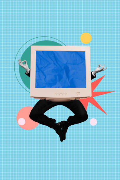 istock Vertical collage photo of headless worker businessman jumping meditation overworked computer monitor isolated on blue color background 2196199637