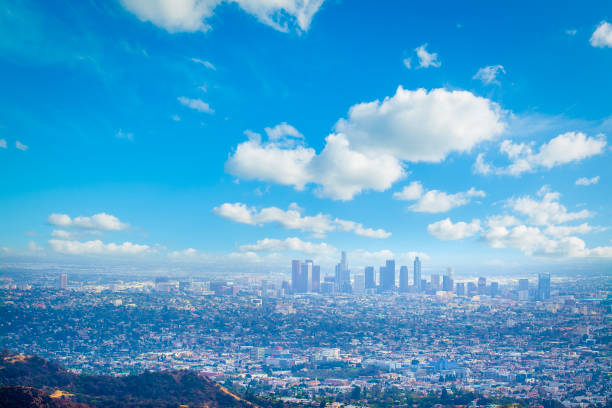 Los Angeles skyline under a blue sky with clouds. Califonia, USA