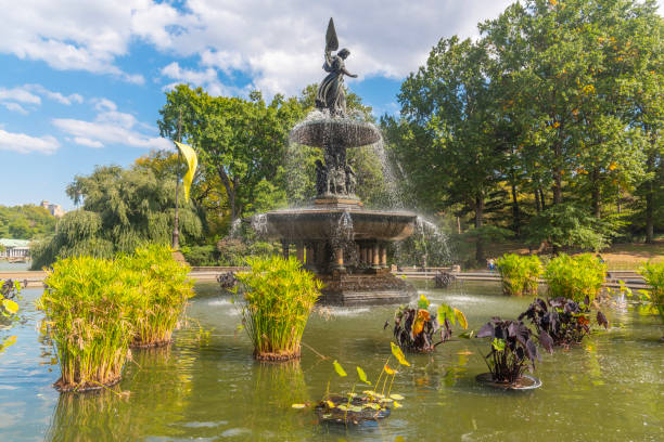 Bethesda Fountain in Central Park under a cloudy sky. New York City, USA