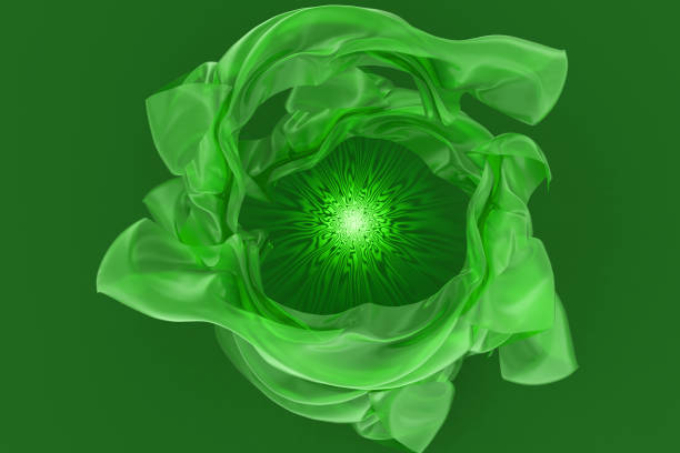 Translucent green fabric with a magic element in the center, with a place for text on a green background. Beautiful abstract 3D drawing, pattern, design.