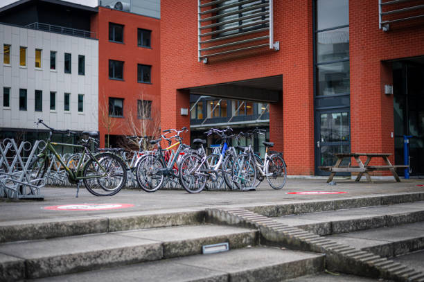 Lots of bikes parked in town. Bicycle Parking lot. Cycling in the city.