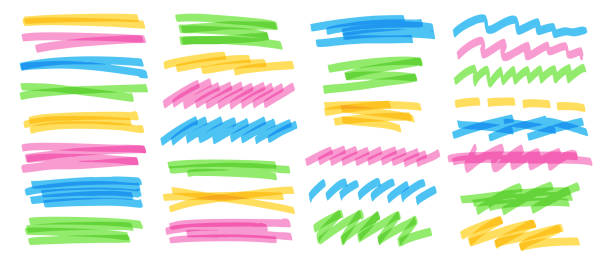 stockillustraties, clipart, cartoons en iconen met colorful highlighters stripes, underlines, brushstroke, strikethrough, scribbles and scrawls set - striemen van mondmasker