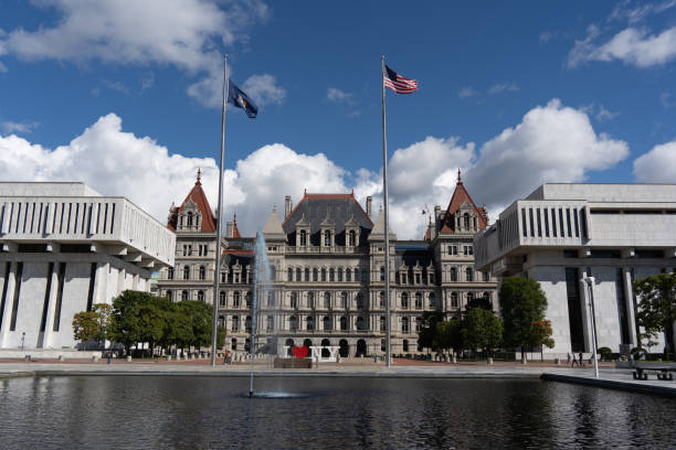 Albany, New York, October 9, 2024: New York State Capitol Building against a blue sky background