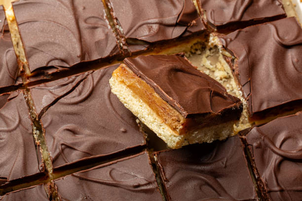 istock Caramel shortbread, also known as caramel squares, slice, or millionaire's shortbread. Dessert, cake made with  shortbread biscuit base topped with caramel and chocolate. Food background. 2196205395