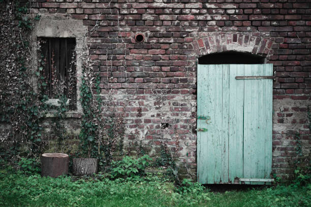 Wooden door in an old brick wall.