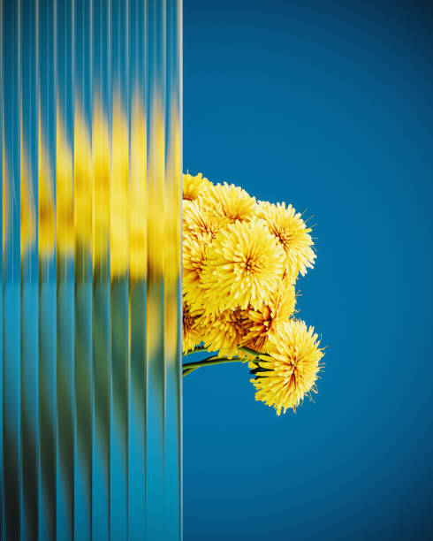 Beautiful dandelion flowers behind glass with copy space on blue background. Spring banner concept design. 3D Rendering, 3D Illustration