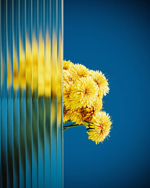 Beautiful dandelion flowers behind glass with copy space on blue background. Spring banner concept design. 3D Rendering, 3D Illustration