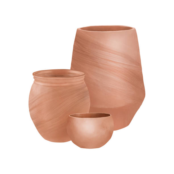 istock Clay terracotta vase, pot and jug without handle. Watercolor digital illustration. Ceramic flower pot. Pottery for flowers and water and house plants, isolated on white background. Garden brown vase 2196211380