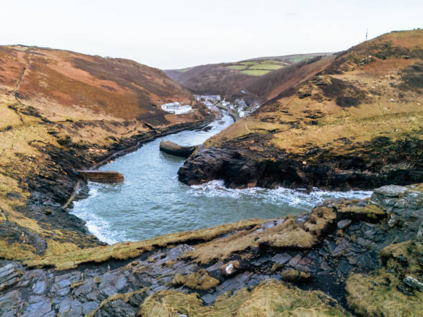 Looking in to Boscastle harbour and village from coast, aerial