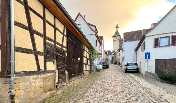 Marbach, Germany - 12/16/2024,  Torgasse cobblestone street in the old town going up to the market street.