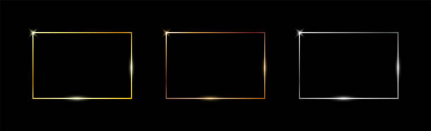 Gold, silver and bronze thin frames. Metal rectangle frame with glow shine and light effects. Photo or picture realistic empty borders isolated on black background. Vector. Gold, silver and bronze thin frames. Metal rectangle frame with glow shine and light effects. Photo or picture realistic empty borders isolated on black background. Vector illustration. bronze glitter stock illustrations