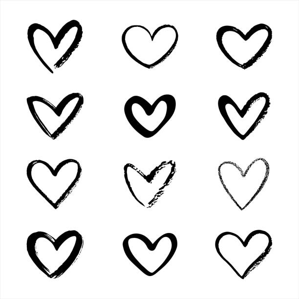 různé štětec, křída, pastelka, fix, nakreslená čára, lineární obrys, tvary srdce, siluety, obrysová sada, sbírka ilustrací. balíček valentýnských šablon. nerovný, drsný, strukturovaný okraj. ručně kreslené, ručně psané výstřed - srdce konceptuální symbol stock ilustrace