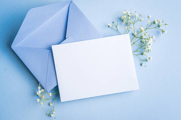 istock Empty blank card with blue envelope and gypsohila flowers 2196226694
