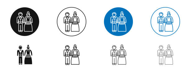 Newlyweds icons in black and blue colors Newlyweds icons in black and blue colors sequence dress stock illustrations