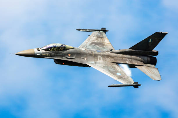 Zeltweg, Austria - September 7, 2024: Hellenic Air Force Lockheed Martin F-16 Fighting Falcon fighter jet plane at air base. Aircraft flying maneuver. Flight operation. Military aviation. Air defense.