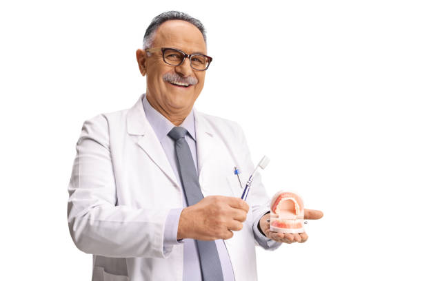 istock Dentist holding a denture model and a tooth brush 2196230144