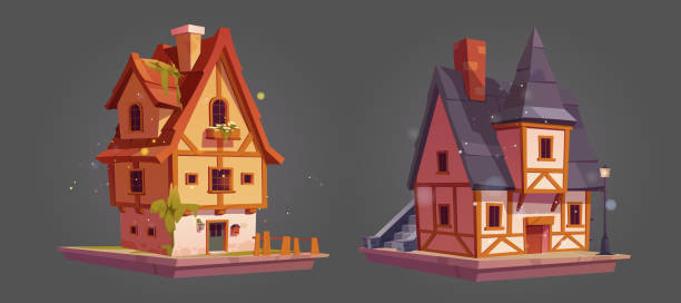 istock Game asset platform set of suburban cottage houses 2196231374