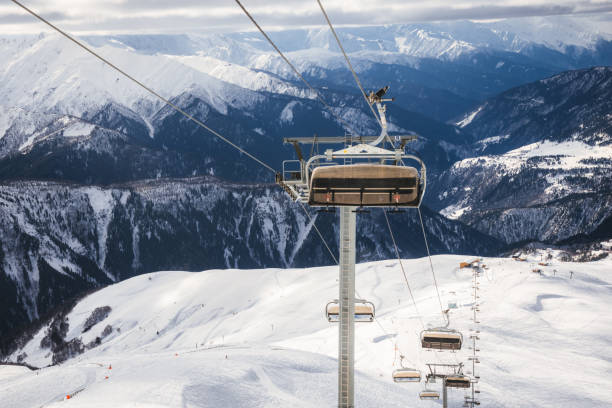 istock Ski resort slope and ski lft. Alpine ski / snowboard vacation. 2196231572