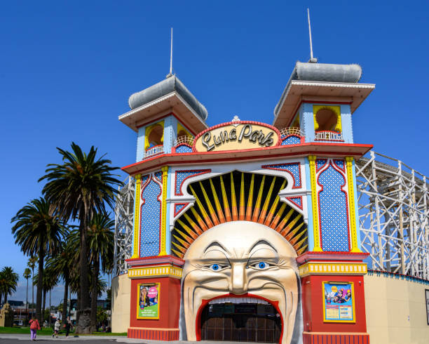 Melbourne, Victoria, Australia - March 27, 2023: Luna Park Melbourne is a historic amusement park located in St Kilda opened in 1912