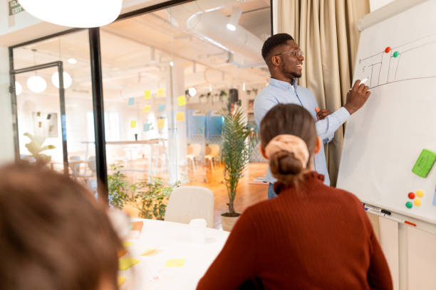 istock Young businessman drawing a business plan on whiteboard during a presentation to his colleagues 2196235978