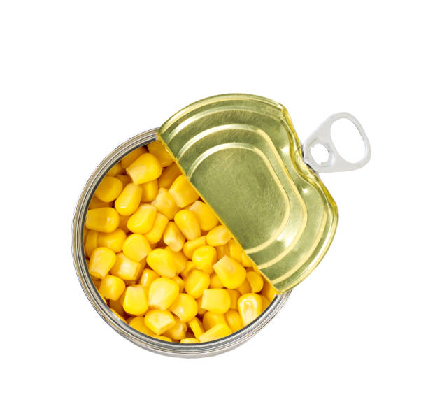 istock Opened tin can of corn kernels isolated on a white background, top view. 2196241585