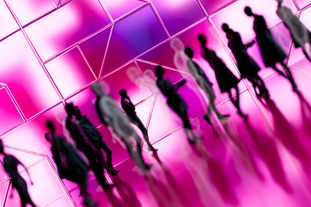 istock Walking Business Crowd with Transparent Glass Panel in Front of Neon Lights 2196242734
