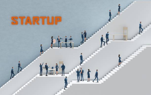istock Business people walking up on massive white stairs. Abstract environment representing career, success in business, start up, professional perspectives. 3D rendering 2196243555