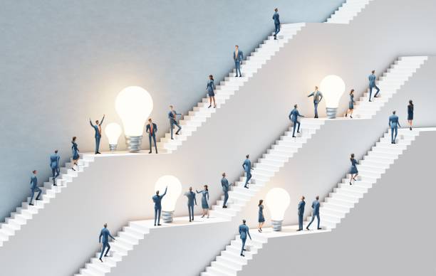 Business people generating new ideas, working around light bills. Abstract environment representing career, success in business, start up, professional perspectives. 3D rendering