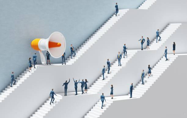istock Business people listening announcement from big megaphone, Abstract environment representing career, success in business, start up, professional perspectives. 3D rendering 2196243564