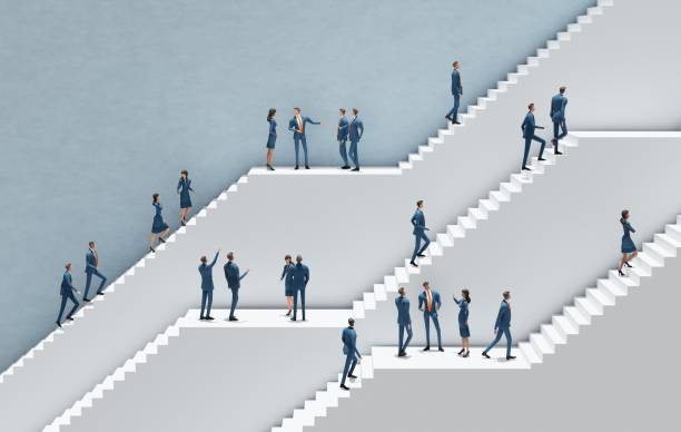 istock Business people walking up on massive white stairs. Abstract environment representing career, success in business, start up, professional perspectives. 3D rendering 2196243579